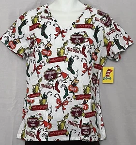 Women's Scrub Top Size Small Grinch Christmas Dog Max V-Neck Nurse Doctor Seuss - Picture 1 of 4