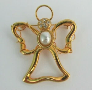 Signed KC Holiday Angel Pin Christmas Brooch Pearl Crystals Gold Tone - Picture 1 of 2