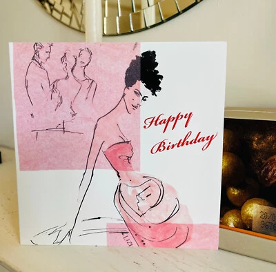 FASHION ART BIRTHDAY CARD FOR HER; 60'S PARTY GIRL; STYLISH;FASHION ;PINK DRESS; - Image 1 of 4