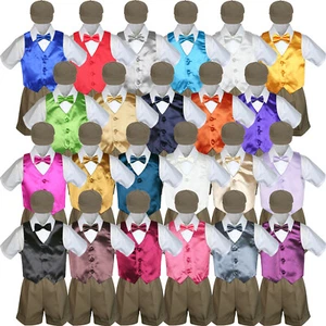 4pc Boy Baby Toddler Wedding Formal TAUPE Shorts Outfit + Choose Color Vest Set - Picture 1 of 26