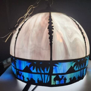 Weiß & Blau Schlacke Glas Pendelleuchte Silhouette Lampe Französisch Ägyptisch Revival Motiv - Bild 1 von 24