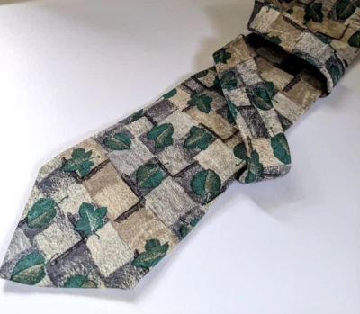 J T Beckett Mens Tie Geometric Green Leaf Pattern Silk USA - Image 1 of 4
