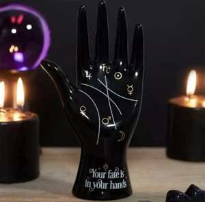 Black Ceramic Palmistry Hand Ornament Ring Jewellery Holder Boxed Gift - Picture 1 of 2
