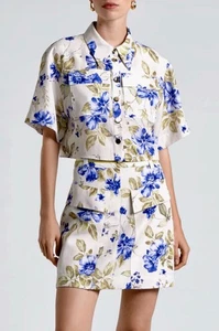 Bnwt CUE Size 16 Summer Blue Floral Cropped Shirt/Top Current Season RRP$225 - Picture 1 of 11
