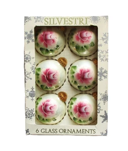 Set 6 palline di Natale Silvestri vintage decorazioni vetro soffiato dipinto rosa floreale - Foto 1 di 6