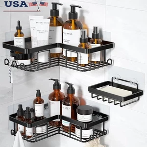 Stainless Steel Corner Shower Caddy L-Shaped Organizer W/ Hooks & Soap Holder US - Picture 1 of 34