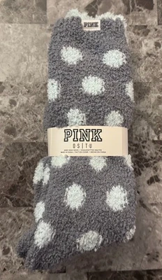 NEW VICTORIA'S SECRET PINK O/S SET 2 POLKA DOT PLUSH FUZZY RARE KNEE HIGH SOCKS - Image 1 of 3