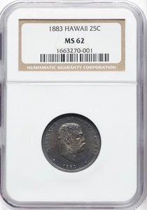Cuarto de plata 1883 REINO DE HAWAI Rey Kaiakaua I CERTIFICADO NGC MS 62 25c - Imagen 1 de 4