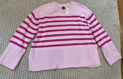 GAP 24/7 Split Hem Crewneck Sweater 100% Cotton Pink & Dark Pink Striped NWT L - Image 1 of 2