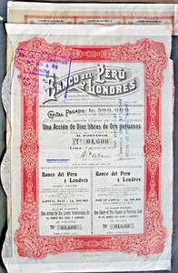 Banco del Peru y Londres Bank Akcje + kupony Lima 1907 Ameryka Południowa Anglia Londyn - Zdjęcie 1 z 1