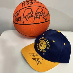 Rick Barry Signed Golden State Warriors Basketball w/ "HOF 1987" & Hat Signed - Picture 1 of 12