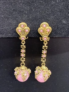 Vintage Filigree And Mottled Pink Bead Clip On Drop Earrings - Picture 1 of 21