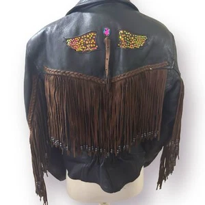 Chaqueta Boho Motociclista de Cuero UNIK Vaquera Marrón Flecos Cottagecore Talla XL - Imagen 1 de 9
