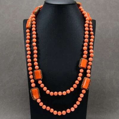50'' Orange Coral Branch Rhinestone CZ Pave Spacer Beads Round Coral Necklace - Image 1 of 4