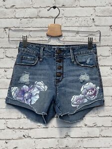 Black Daisy Floral Denim Cutoff Raw Hem Button Fly Short Shorts Size 0 24 x 3"