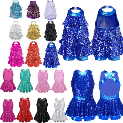 Girls Sparkly Sequins Latin Jazz Dance Leotard Modern Ballet Salsa Stage Costume - Image 1 of 4