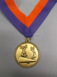 gold CHEERLEADING trophy medal 2" diameter award wide blue/orange neck drape - Picture 1 of 1