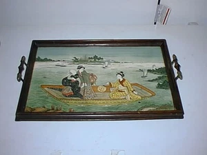 Rare Antique 1863 Porcelain Wood Frame Brass Handle Serving Tray - Picture 1 of 6