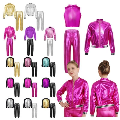 Kids Hip-hop Jazz Metallic Bomber Jacket and Pants Performance Costume Outfits - Image 1 of 4