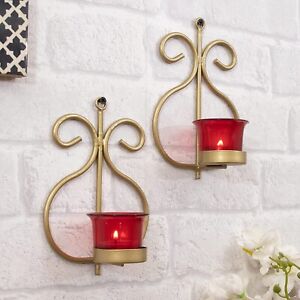 Diwali Decoration 2 Metal Wall Sconce Tealight Candle Holder With Glass,Red&Gold