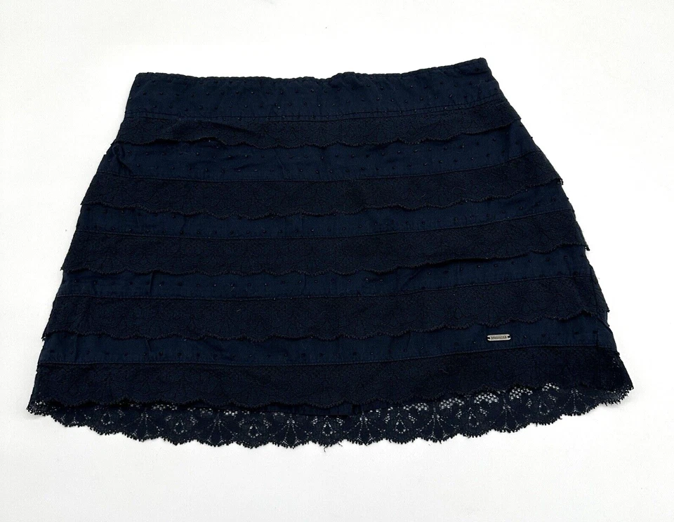 Hollister Mini Skirt Jrs Lace Swiss Dot Tiered Layers Elastic Navy Blue Sz M - Image 1 of 4