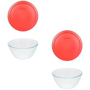 Pyrex 7402 6-Cup Sculpted Glass Bowls and 7402-PC Red Lids (2-Pack) - Picture 1 of 3