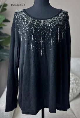 New VOCAL PLUS SIZE Womens CRYSTAL BLACK BLING LIGHT SWEATER SHIRT TOP 1X 2X 3X - Image 1 of 3