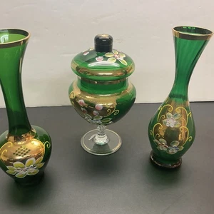 3 Vintage Pieces Czech Bohemian Green Glass- 2 Vases & 1 Compote w/lid - Picture 1 of 12