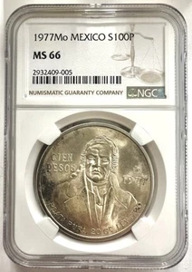 1977 Mo Mexico Silver 100 Pesos NGC MS 66 W/ Nice Tone - Picture 1 of 2