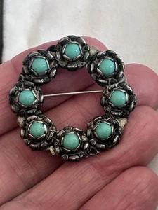 Vintage Türkis Blume 925 Sterling Silber Brosche Anstecknadel Indianer - Bild 1 von 9