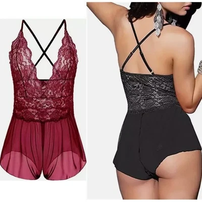 Women's Plus Size Sexy Lace Open Crotch Lingerie Criss Cross Cut Out Nightwear - Image 1 of 4