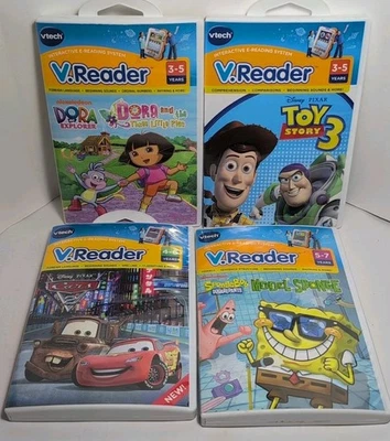 Lot Of 4 Vtech V Reader Games Dora, Toy Story 3, Cars 2, & SpongeBob Age 3-7 - Image 1 of 4