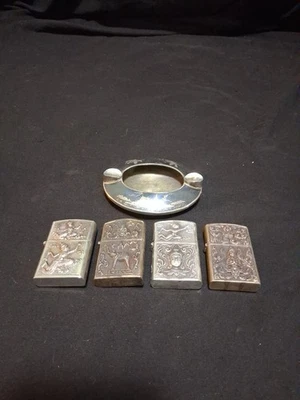 Juego de 4 encendedores y cenicero de plata de ley Siam esmalte negro Foto 1 de 4