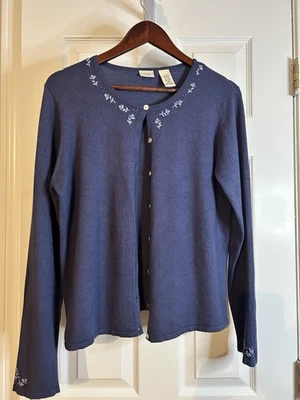 L.L. Cárdigan bordado azul frijol para mujer M mezcla de lana de seda floral botón delantero Foto 1 de 4