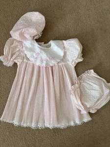 Vintage Baby Girl Pink Pleat Dress, Mop Cap and Pants - Age 6 - 9 months - Picture 1 of 3