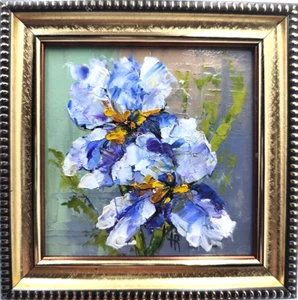 Fiori Fiori Fiori Iris Dipinto Originale Olio Floreale Impasto Arte Firmato 5x5in - Foto 1 di 9