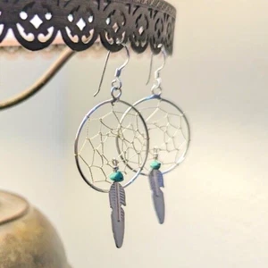 ViNtAgE Traumfänger Ohrringe Indianer Sterlingsilber Türkis Hänger - Bild 1 von 4