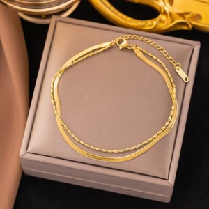 14K Gold Plated Stainless Steel Herringbone Snake Bracelet Bead Adjustable T31 - Picture 1 of 6