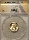 1916 Silver Mercury Dime Graded Anacs Ms62 Fsb