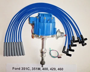BIG BLOCK FORD HEI Distributor 351C 351M 400 429 460 + BLUE Spark Plug wires USA - Picture 1 of 2