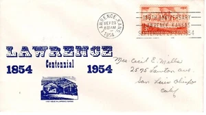LAWRENCE CENTENNIAL  -LAWRENCE, KS  1954  FDC16763 - Picture 1 of 1