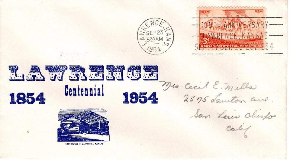 LAWRENCE CENTENNIAL  -LAWRENCE, KS  1954  FDC16763 - Image 1 of 1