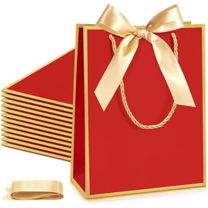 24PCS Thank You Gift Bags with Handles Elegant Bow Ribbon Bags Dark Red Gold - Picture 1 of 6