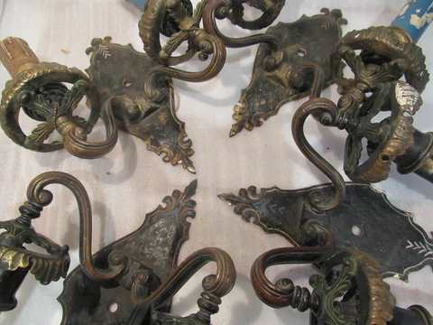 Antique Brass Set of Four Two Arm Heavy Wall Sconces Light Fixtures Restoration Cover