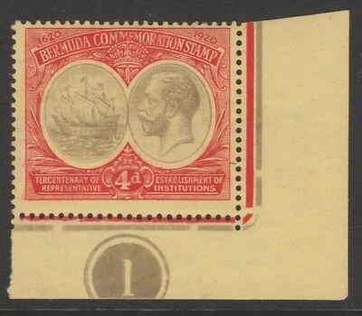 Bermudas sg63 COMO NUEVAS 1920 Tercentenario 4d con control líneas de tranvía borde de margen Foto 1 de 2
