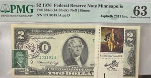 PMG 63 $2 1976 Federal Reserve Note Minneapolis Fr#1935-I (IA* Block)Neff|Simon - Picture 1 of 2