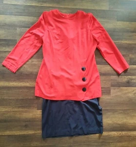 Vintage Leslie Fay Red/Black Drop Waist Dress Gown Large Button Scallop sz 16 - Picture 1 of 5