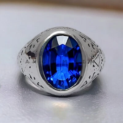 Piedras preciosas de zafiro azul con anillo de plata de ley 925 para hombre #AL418 Foto 1 de 4