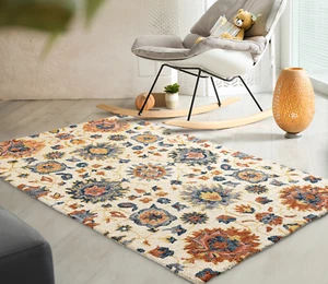 Alfombra acolchada a mano floral de lana beige de 8 x 10 pies para el hogar y la vida. - Imagen 1 de 7