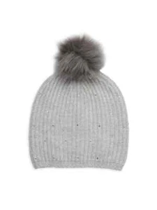 Carolyn Rowan Collection NWT Silver Faux Fur Pom-Pom Knit Beanie, One Size - Picture 1 of 2